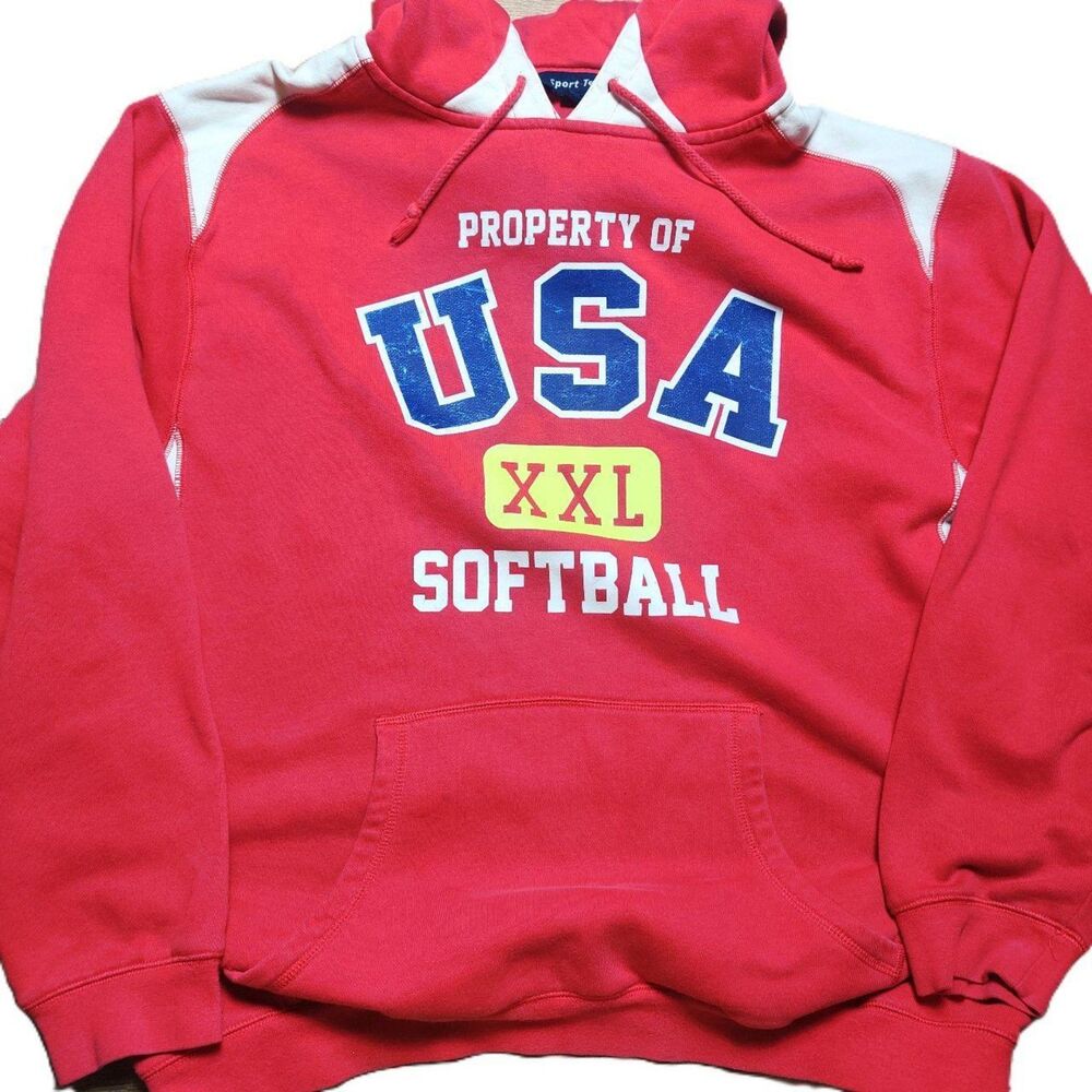 Sport-Tek USA Softball Hoodie Red White Athletic Pullover Size Large L Y2K